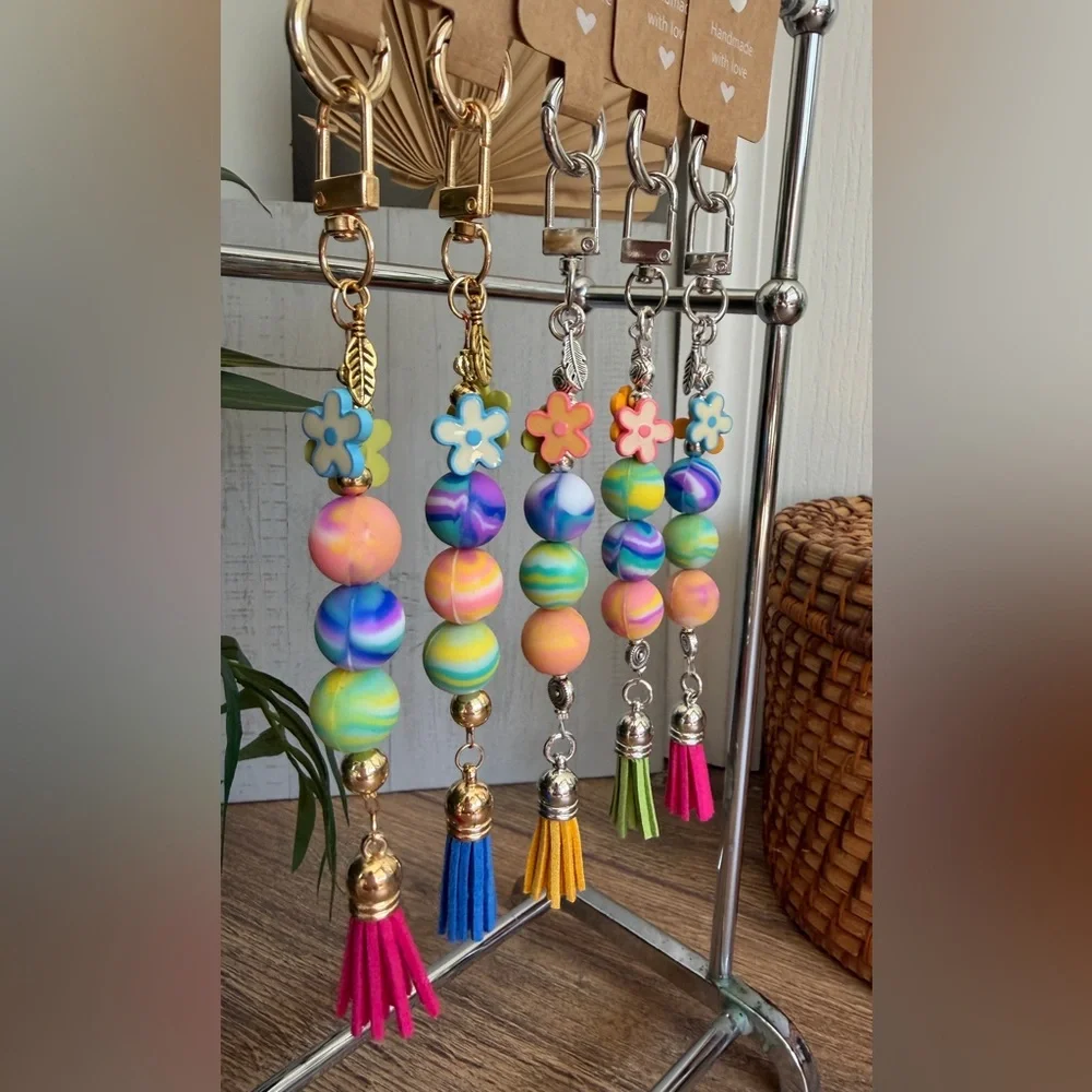 Flower Power Multicolor Swirl Silicone Bead Bag Charm Keychain